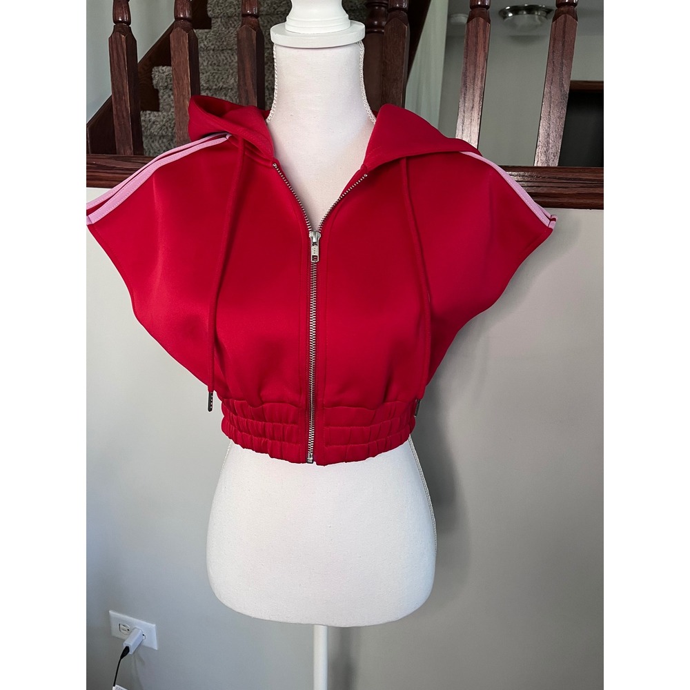 Akira Women Red Cropped Short Sleeve Zip Up Hoodie Pink Stripes Scuba Small